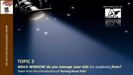 Www.marklemessurier.com.au TOPIC 2 Which WINDOW do you manage your kids (or students) from? Taken from the introduction of ‘Raising Beaut Kids’ Mark Le.