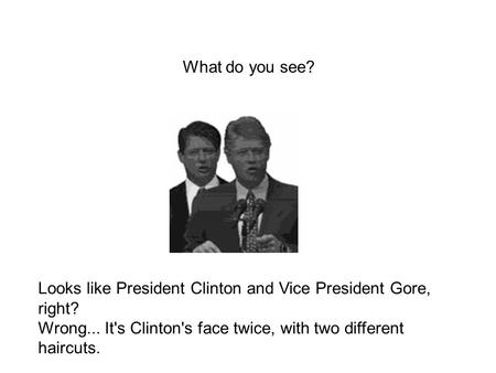 Looks like President Clinton and Vice President Gore, right? Wrong... It's Clinton's face twice, with two different haircuts. What do you see?