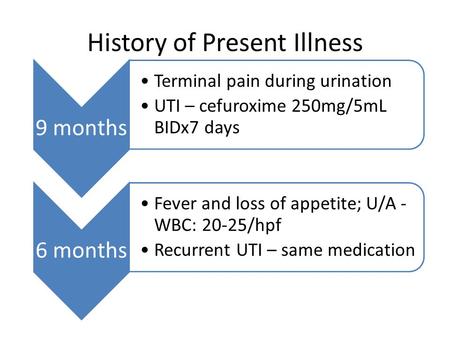 History of Present Illness 9 months Terminal pain during urination UTI – cefuroxime 250mg/5mL BIDx7 days 6 months Fever and loss of appetite; U/A - WBC: