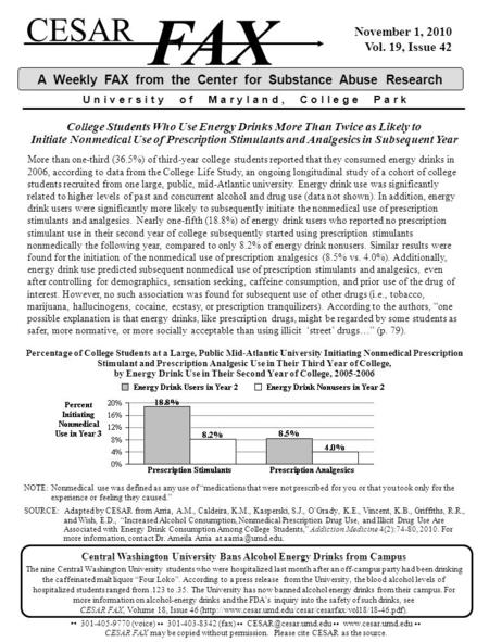 College Students Who Use Energy Drinks More Than Twice as Likely to Initiate Nonmedical Use of Prescription Stimulants and Analgesics in Subsequent Year.