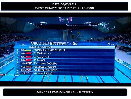 DATE: 07/09/2012 EVENT: PARALYMPIC GAMES 2012 - LONDON MEN 20 M SWIMMING FINAL - BUTTERFLY.