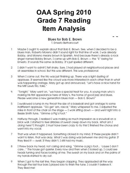 OAA Spring 2010 Grade 7 Reading Item Analysis. Literary Text (LT) A 0% B 97% (*) C 1% D 2% Acquisition of Vocabulary (AV) A 3% B 11% C 85% (*) D 1%