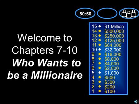 15 14 13 12 11 10 9 8 7 6 5 4 3 2 1 $1 Million $500,000 $250,000 $125,000 $64,000 $32,000 $16,000 $8,000 $4,000 $2,000 $1,000 $500 $300 $200 $100 Welcome.