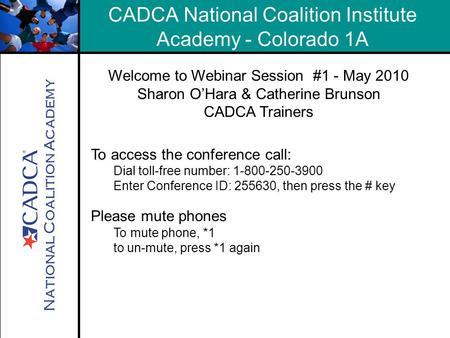 National Coalition Academy CADCA National Coalition Institute Academy - Colorado 1A Welcome to Webinar Session #1 - May 2010 Sharon O’Hara & Catherine.