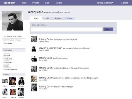 Facebook Johnny Cash is preparing to perform a concert. WallPhotosFlairBoxesJohn F. KennedyLogout View photos of Johnny Cash (5) Send Johnny Cash a message.