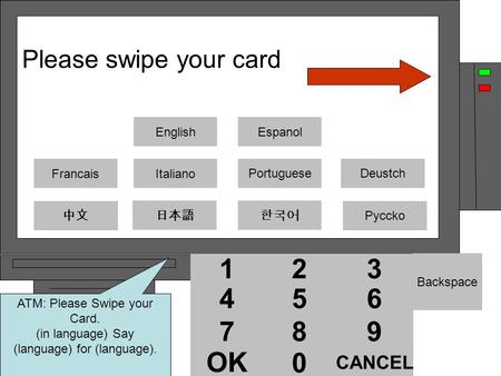 12 54 87 0 OK 12 54 87 0 12 3 6 54 9 87 CANCEL 0 OK Backspace EnglishEspanol 한국어 DeustchPortuguese 日本語 Francais 中文 Pyccko Italiano Please swipe your card.