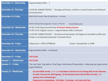 December 11 –Wednesday Argumentation Skills - 1 December 12 –Thursday 10:30 DR. SABINE FREIZER - Georgia and Russia: conflicts in South Ossetia and Abkhazia”