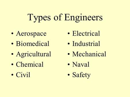 Types of Engineers Aerospace Biomedical Agricultural Chemical Civil Electrical Industrial Mechanical Naval Safety.