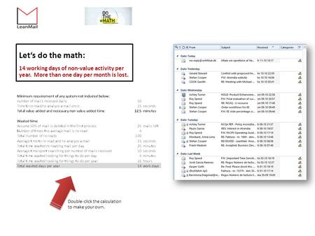 Let‘s do the math: 14 working days of non-value activity per year. More than one day per month is lost. Double-click the calculation to make your own.