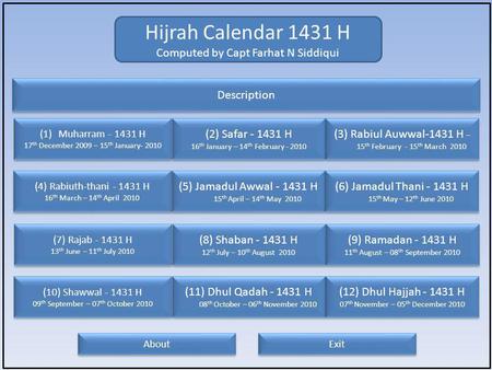 Hijrah Calendar 1431 H Computed by Capt Farhat N Siddiqui Description (1)Muharram - 1431 HMuharram - 1431 H 17 th December 2009 – 15 th January- 2010 (1)Muharram.