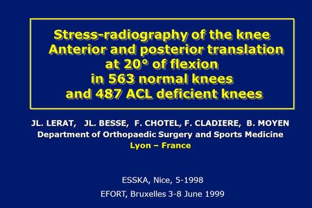 Stress-radiography of the knee Anterior and posterior translation at 20° of flexion in 563 normal knees and 487 ACL deficient knees JL. LERAT, JL.