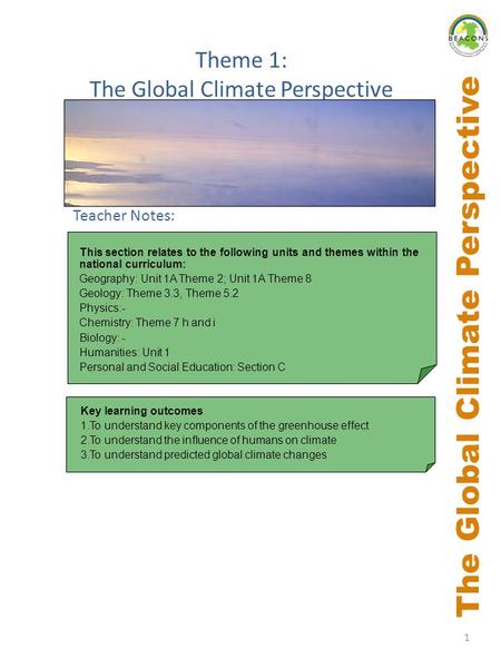 1 The Global Climate Perspective Key learning outcomes 1.To understand key components of the greenhouse effect 2.To understand the influence of humans.