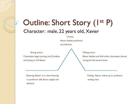 Outline: Short Story (1 st P) Character: male, 22 years old, Xavier Climax: Xavier battles professor and kills him Rising action: Falling action: Classmates.