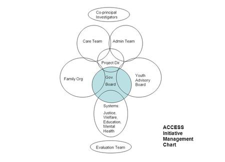 Gov. Board Family Org Youth Advisory Board Project Dir. Care TeamAdmin Team Evaluation Team Systems: Justice, Welfare, Education, Mental Health Co-principal.