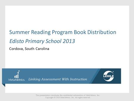 This presentation constitutes the confidential information of MetaMetrics, Inc. Copyright © 2013 MetaMetrics, Inc. All rights reserved. Summer Reading.