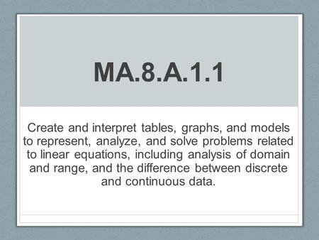 MA.8.A.1.1 Create and interpret tables, graphs, and models to represent, analyze, and solve problems related to linear equations, including analysis.