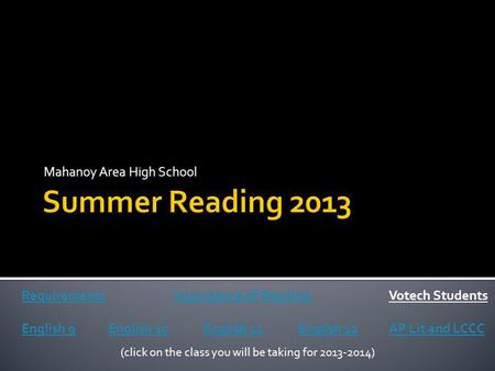 Mahanoy Area High School Requirements English 9English 10English 11English 12AP Lit and LCCC (click on the class you will be taking for 2013-2014) Importance.