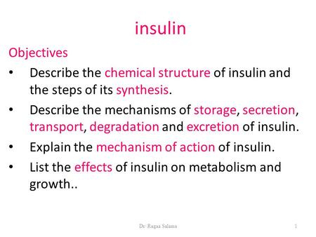 Dr/ Ragaa Salama1 insulin Objectives Describe the chemical structure of insulin and the steps of its synthesis. Describe the mechanisms of storage, secretion,