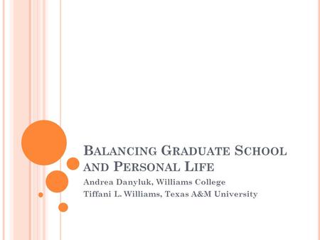 B ALANCING G RADUATE S CHOOL AND P ERSONAL L IFE Andrea Danyluk, Williams College Tiffani L. Williams, Texas A&M University.