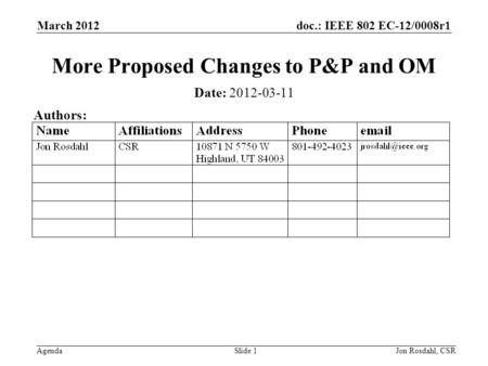 Doc.: IEEE 802 EC-12/0008r1 Agenda March 2012 Jon Rosdahl, CSRSlide 1 More Proposed Changes to P&P and OM Date: 2012-03-11 Authors: