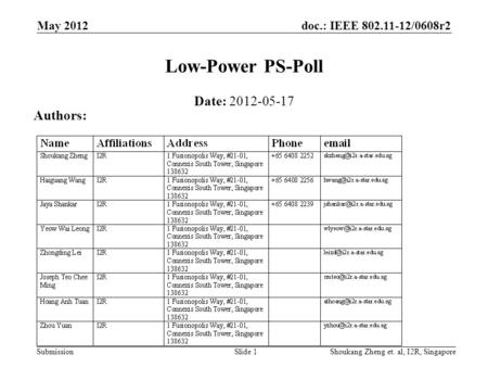 Doc.: IEEE 802.11-12/0608r2 Submission May 2012 Shoukang Zheng et. al, I2R, SingaporeSlide 1 Low-Power PS-Poll Date: 2012-05-17 Authors: