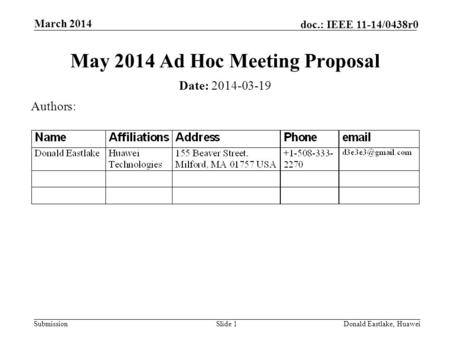 Submission doc.: IEEE 11-14/0438r0 March 2014 Donald Eastlake, HuaweiSlide 1 May 2014 Ad Hoc Meeting Proposal Date: 2014-03-19 Authors: