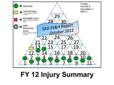 FY 12 Injury Summary. Injuries - FY11 vs. FY12 FY11 47 reports to Medical 14 Recordable/6 DART –TEDF– 4 (1 DART) –ENG – 3 (2 DART –ACC – 2 (1 DART) –PHY.