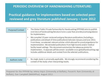 PERIODIC OVERVIEW OF HANDWASHING LITERATURE: Practical guidance for implementers based on selected peer- reviewed and grey literature published January.