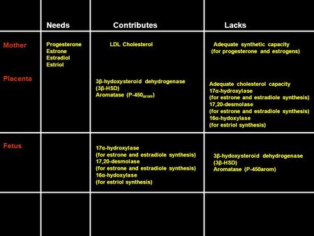 NeedsContributesLacks Mother Placenta Fetus Progesterone LDL Cholesterol Adequate synthetic capacity Estrone (for progesterone and estrogens) Estradiol.