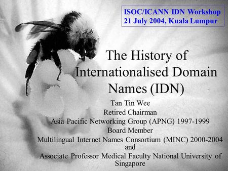 The History of Internationalised Domain Names (IDN) Tan Tin Wee Retired Chairman Asia Pacific Networking Group (APNG) 1997-1999 Board Member Multilingual.