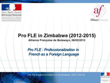 1 Pro Fle implementation in Zimbabwe (2012-2015)  Pro FLE in Zimbabwe (2012-2015) Alliance Française de Bulawayo, 08/03/2013.