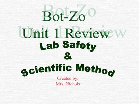 Created by: Mrs. Nichols $100 VocabularyLab SafetyProcedures Scientific Method Lab Rubric $200 $300 $400 $500 $100 $200 $300 $400 $500 $100 $200 $300.