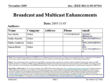 Doc.: IEEE 802.11-05/1075r0 Submission November 2005 Jari Jokela et al, NokiaSlide 1 Broadcast and Multicast Enhancements Notice: This document has been.