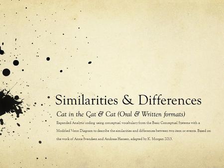 Similarities & Differences Cat in the Cat & Cat (Oral & Written formats) Expanded Analytic coding using conceptual vocabulary from the Basic Conceptual.