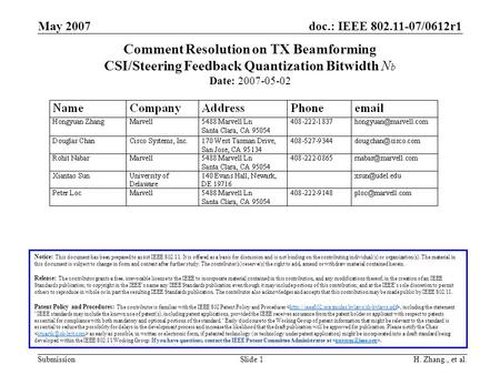 Doc.: IEEE 802.11-07/0612r1 Submission May 2007 H. Zhang., et al.Slide 1 Comment Resolution on TX Beamforming CSI/Steering Feedback Quantization Bitwidth.