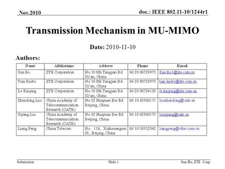 Doc.: IEEE 802.11-10/1244r1 Submission Nov.2010 Sun Bo, ZTE CorpSlide 1 Authors: Transmission Mechanism in MU-MIMO Date: 2010-11-10.