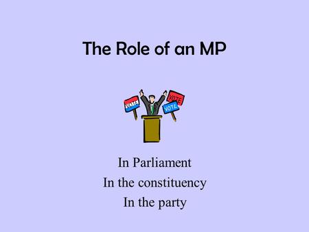 The Role of an MP In Parliament In the constituency In the party.