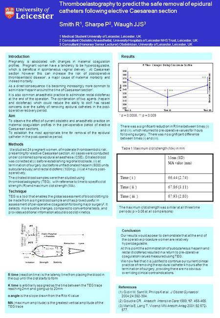 Thromboelastography to predict the safe removal of epidural catheters following elective Caesarean section Smith R 1, Sharpe P 2, Waugh JJS 3 1 Medical.