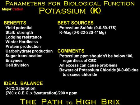 Parameters for Biological Function Potassium ( K ) BENEFITS Yield potential Stalk strength Lodging resistance Winter Hardiness Protein production Carbohydrate.