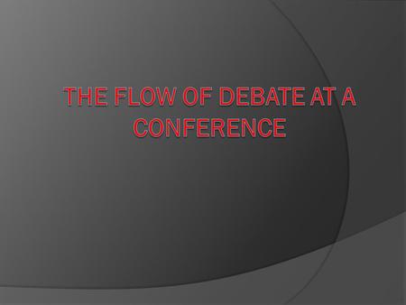 Procedure  1. Roll Call  2. Motion to set agenda  3. Motion to open debate  4. Motion to open speaker’s list  5. Debate  6. Conclusion.