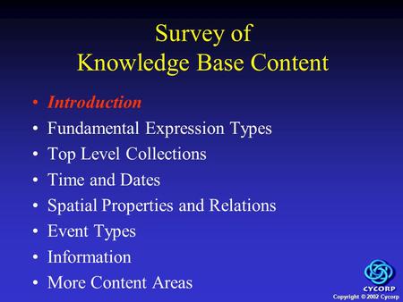 Copyright © 2002 Cycorp Introduction Fundamental Expression Types Top Level Collections Time and Dates Spatial Properties and Relations Event Types Information.