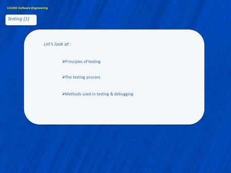 Testing (1) Let’s look at : Principles of testing The testing process