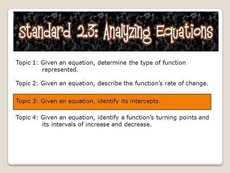 Topic 1: Given an equation, determine the type of function represented. Topic 2: Given an equation, describe the function’s rate of change. Topic 3: Given.