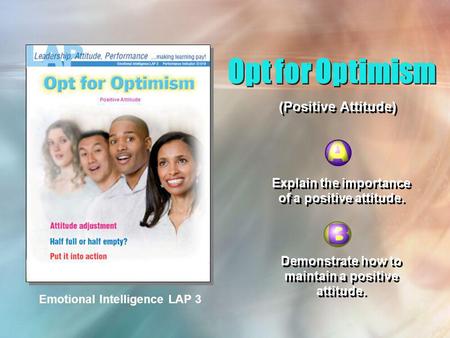 Emotional Intelligence LAP 3 Explain the importance of a positive attitude. Demonstrate how to maintain a positive attitude. (Positive Attitude) Positive.