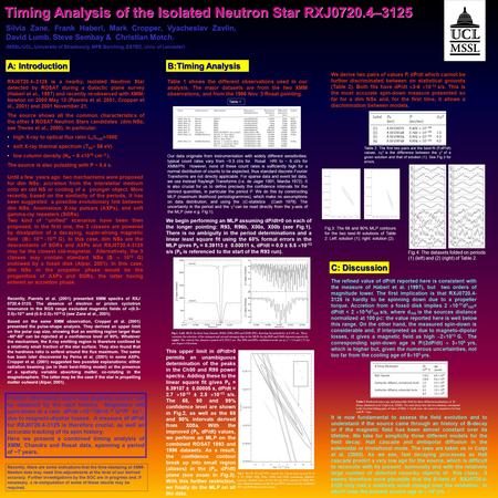 Timing Analysis of the Isolated Neutron Star RXJ0720.4–3125 Silvia Zane, Frank Haberl, Mark Cropper, Vyacheslav Zavlin, David Lumb, Steve Sembay & Christian.