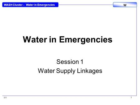 WASH Cluster – Water in Emergencies W W1 1 Water in Emergencies Session 1 Water Supply Linkages.