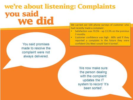 You said promises made to resolve the complaint were not always delivered. We now make sure the person dealing with the complaint updates the IT system.