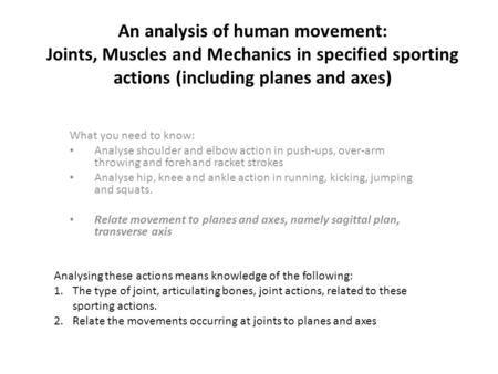 An analysis of human movement: Joints, Muscles and Mechanics in specified sporting actions (including planes and axes) What you need to know: Analyse shoulder.