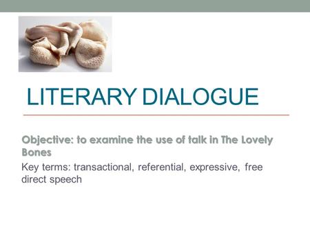 LITERARY DIALOGUE Objective: to examine the use of talk in The Lovely Bones Key terms: transactional, referential, expressive, free direct speech.