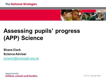 © Crown copyright 2008 Assessing pupils’ progress (APP) Science Shane Clark Science Adviser